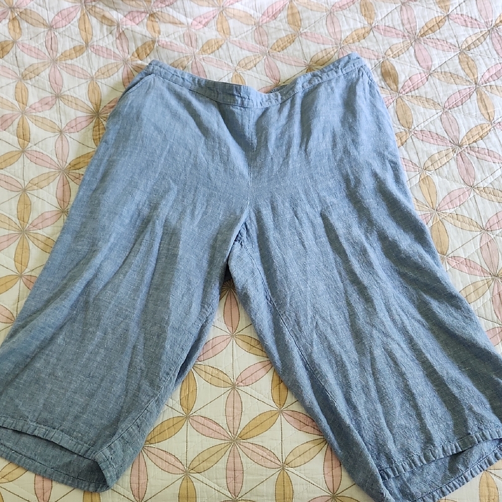 Catherines Blue Linen Blend Wide Leg Cropped Pants with Elastic Waist